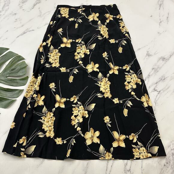 Laura Scott Womens Vintage 90s Slip Midi Skirt Size M Black Yellow Floral - Picture 1 of 9